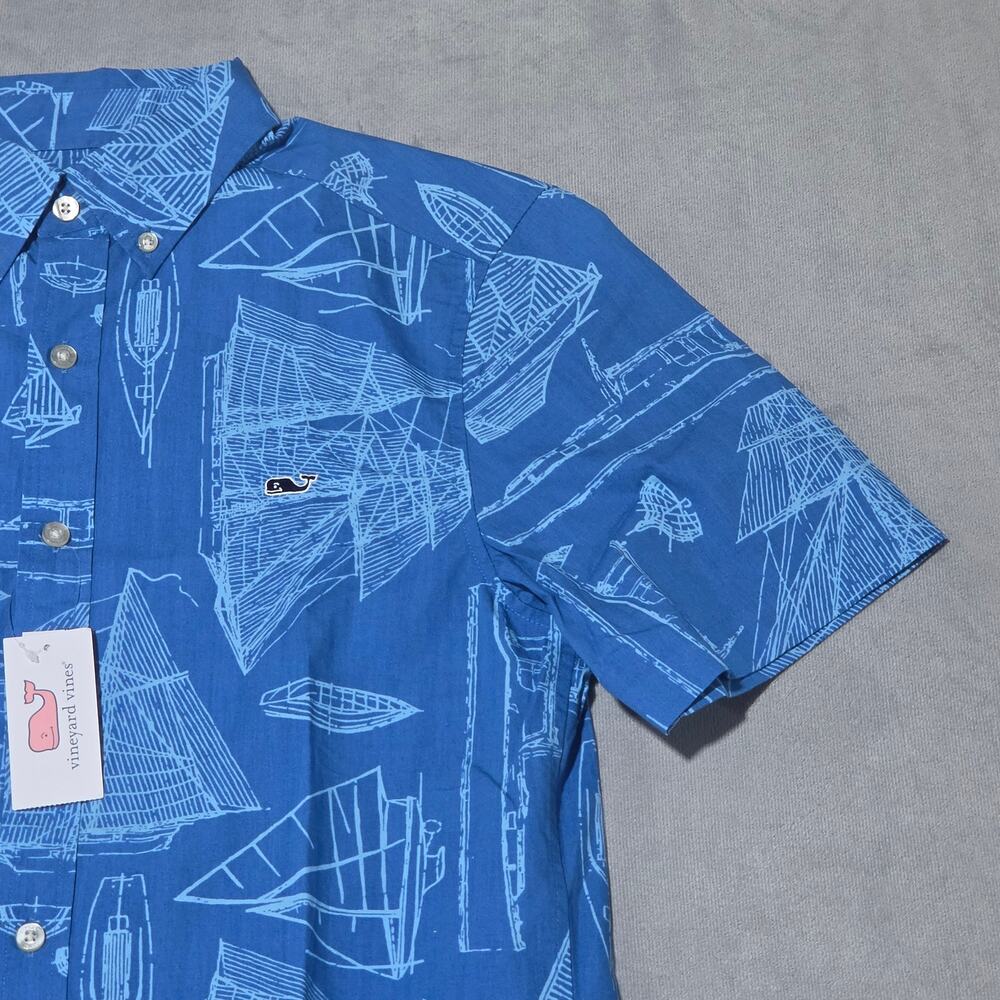 New Vineyard Vines Whale Shirt Blue Sailboat Print Short Sleeve Button Down Mens - Picture 3 of 14